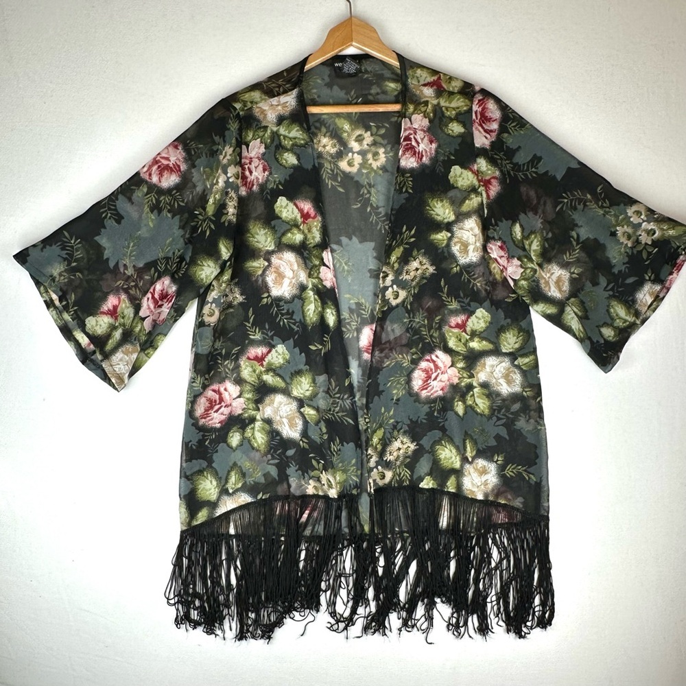 Wetβ Seal Floral Fringe Open Front Cardigan Boho Whimigoth